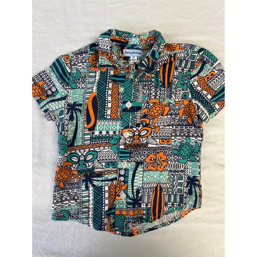 Tommy Bahama Toddler Boys 2T Hawaiian Shirt Tiki Surf Tribal Rayon Button Down